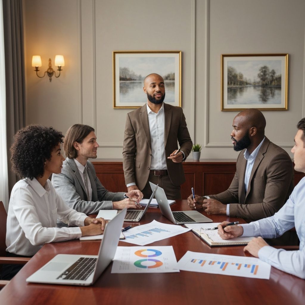 Equipo de profesionales en reunión estratégica discutiendo gestión de proyectos